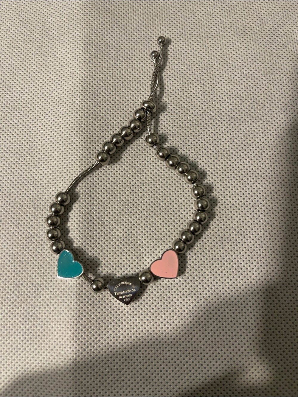 Source Unknown Silver Beaded Bracelet with Pink and Teal Heart Charms